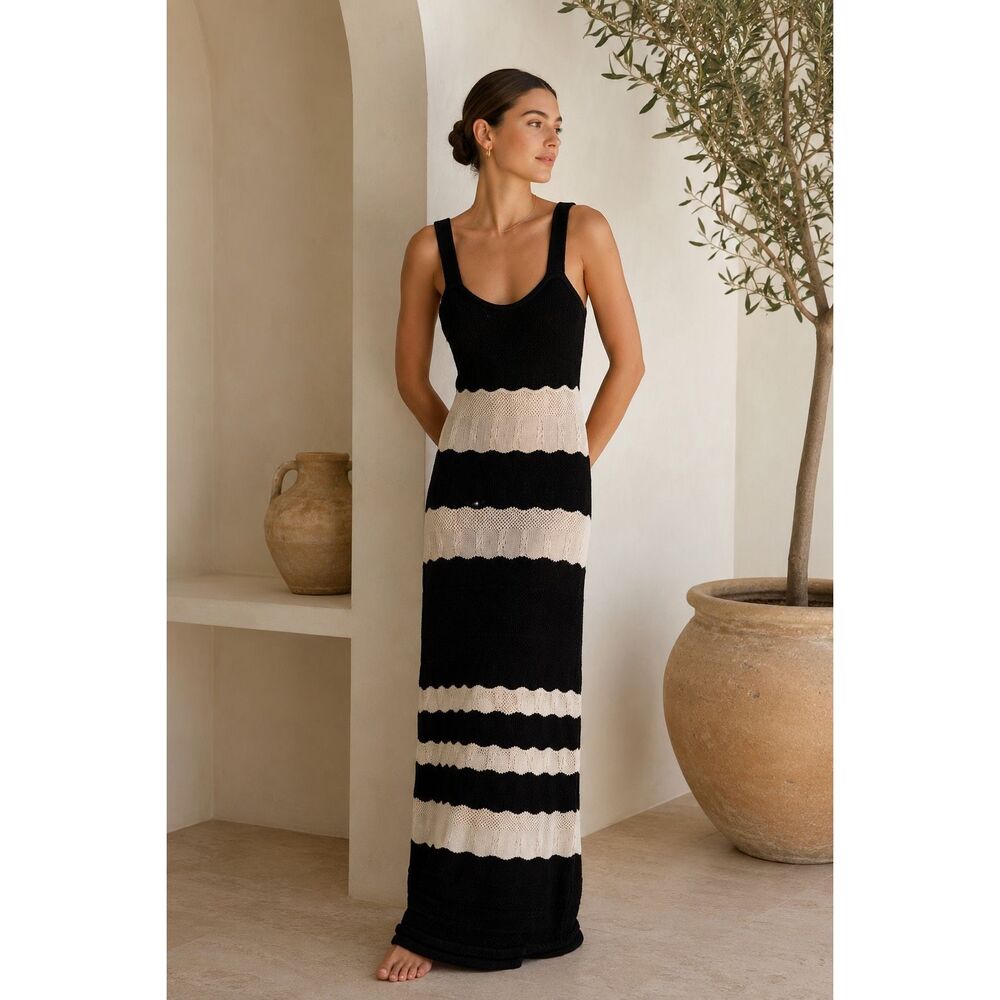 EVEREVE | Correy Knit Crochet Maxi Dress Beachy Boho Coastal Neutral Minimalist,